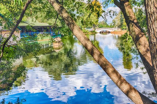 Idillic lake inside Gorky Park in central Moscow, Russia