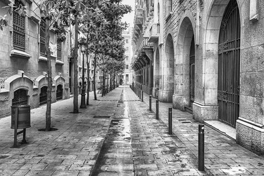 Scenic street in the ancient La Ribera district in central Barcelona, Catalonia, Spain