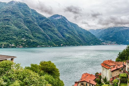 Scenic landscape over the Lake Como, as seen from the town of Bellano, Italy