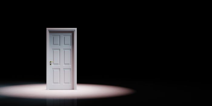 Closed White Door Isolated Spotlighted on Black Background with Copy Space 3D Illustration
