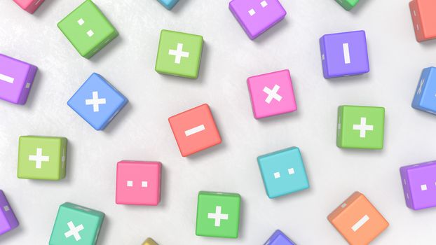 Many Colorful Cubes with Math Operators on a Light Gray Plastered Background 3D Illustration