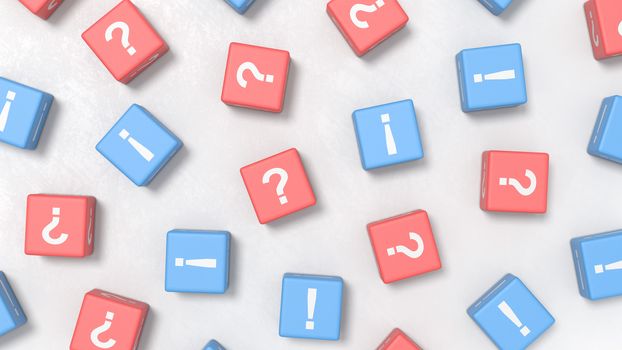 Many Question Mark and Exclamation Point on Red and Blue Cubes on a Light Gray Plastered Background 3D Illustration