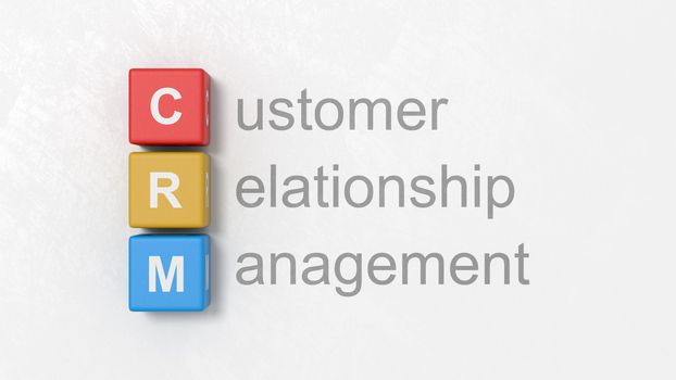 Black Customer Relationship Management Text and CRM Colorful Cubes on a Light Gray Plastered Background 3D Illustration