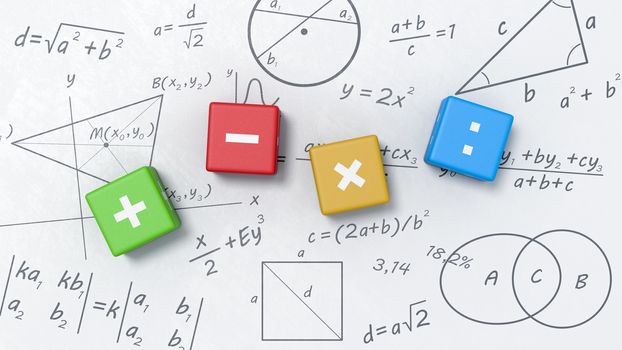 Colorful Cubes with Math Operators on Whiteboard with Formulas, Graphs and Symbols Illustration