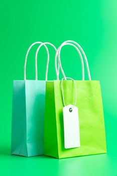 Two green shopping or gift bags with blank label tag isolated on green background