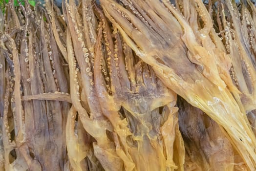 The close up of tasty dried squid seafood snack at fish market in Taipei, Taiwan.