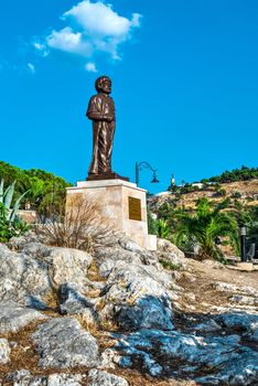 Kusadasi, Turkey – 07.18.2019.  Kusadasi castle in Turkey and pleasure boat parking on a summer evening