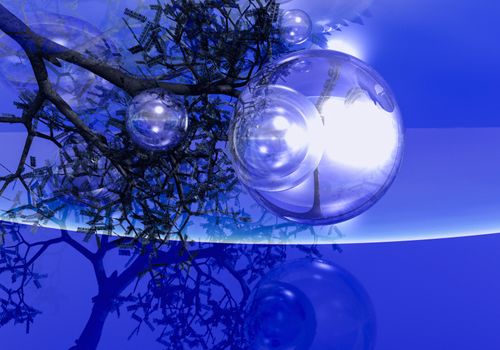 3D image of abstract textured blue scene with bubbles and branch for design