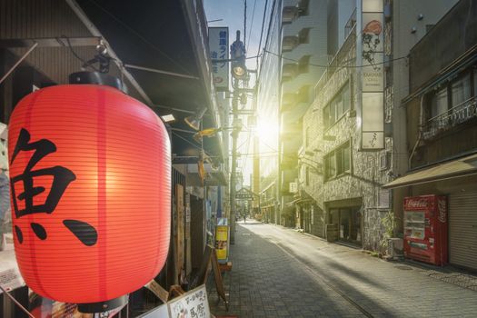 Red rice paper lantern with japanese kanji sakana which mean fish on the front of an restaurant of the shopping street from the west exit of Kanda Station on the Yamanote Line. The street extends over 300 meters and has no less than 100 shops.