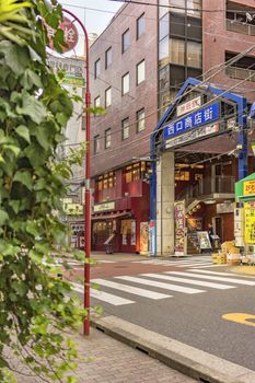 Blue metal entrance gate of the shopping street decorated with plants from the west exit of Kanda Station on the Yamanote Line. The street extends over 300 meters and has no less than 100 shops.