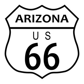 Route 66 traffic sign over a white background and the state name Arizona