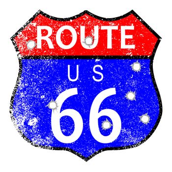 Route 66 traffic sign with grunge and bullet holes