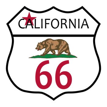 Route 66 traffic sign over a white background and the state name California