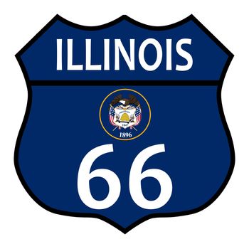 Route 66 traffic sign over a white background and the state name Illinois with flag