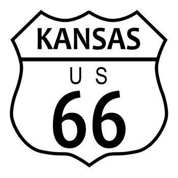 Route 66 traffic sign over a white background and the state name Kansas