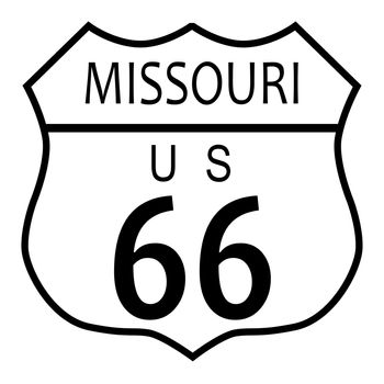 Route 66 traffic sign over a white background and the state name Missouri