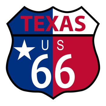 Route 66 traffic sign over a white background and the state name Texas with flag