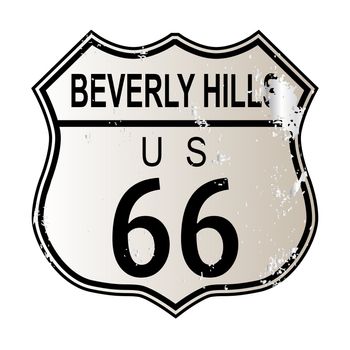 Beverly Hills Route 66 traffic sign over a white background and the legend ROUTE US 66