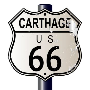 Carthage Route 66 traffic sign over a white background and the legend ROUTE US 66