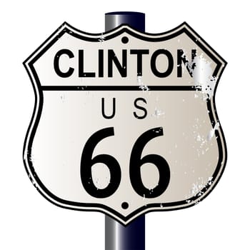 Clinton Route 66 traffic sign over a white background and the legend ROUTE US 66