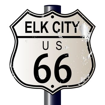 Elk City Route 66 traffic sign over a white background and the legend ROUTE US 66