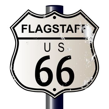 Flagstaff Route 66 traffic sign over a white background and the legend ROUTE US 66