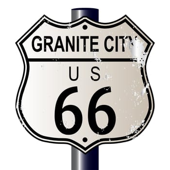 Granite City Route 66 traffic sign over a white background and the legend ROUTE US 66