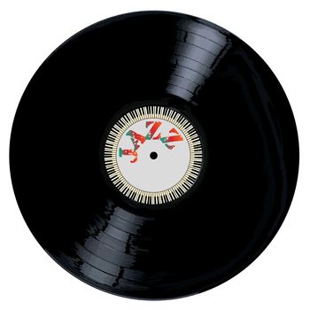 A typical LP vinyl record with the legend jazz and a circle of piano keys all over a white background.