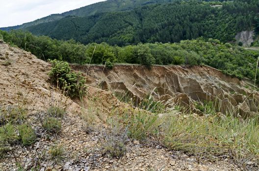 Fragment of the famous Stob Pyramids with unusual shape red and yellow rock formations, green bushes and trees around, west share of Rila mountain, Kyustendil region, Bulgaria, Europe