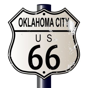 Oklahoma City Route 66 traffic sign over a white background and the legend ROUTE US 66