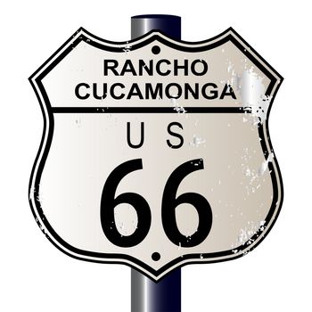 Rancho Cucamonga Route 66 traffic sign over a white background and the legend ROUTE US 66