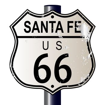 Santa Fe Route 66 traffic sign over a white background and the legend ROUTE US 66