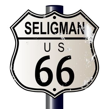 Seligman Route 66 traffic sign over a white background and the legend ROUTE US 66