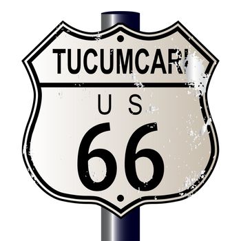 Tucumcari Route 66 traffic sign over a white background and the legend ROUTE US 66