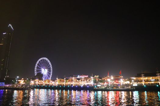embankment at Chao Phraya River in Bangkok city. cityscape in the evening. Nigt life in asia