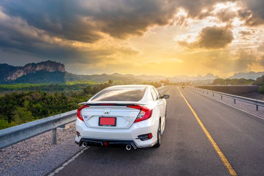 Honda  civic 2019 e sedans parked at Ratchaprapa Dam Surat Thani Province Thailand , 6 March 2020