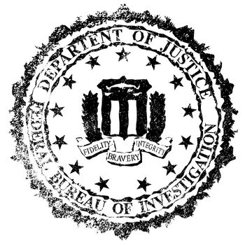 The seal of the Federal Bureau of Information as a rubber stamp over a white background