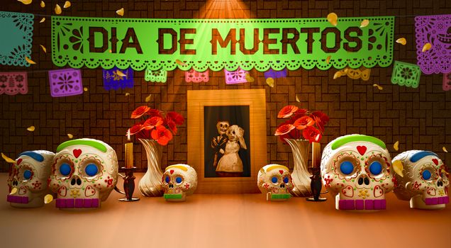 Day of the dead offering, Mexican ofrenda with a picture of a couple space and the phrase in spanish: dia de muertos