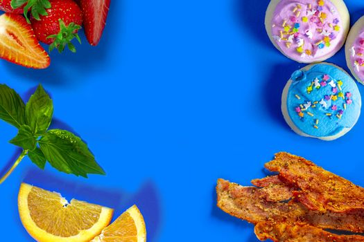 Food collage on a blue background
