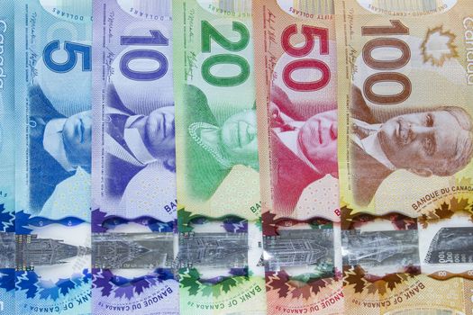 Calgary Alberta, Canada. Jan 27 2020. Canadian bills line up on a vertical view. Canadian dollar tumbles to seven-week low as virus contagion escalates. Illustrative.