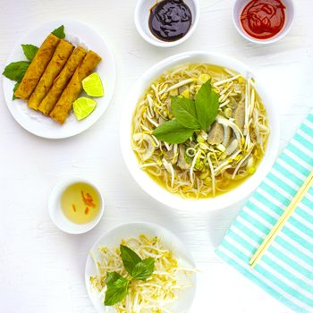 Top view of a Pho vietnamese food noodle soup