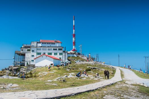 Inn and transmission antenna on the Rhune mountain in the Pyrenees Atlantiques in France