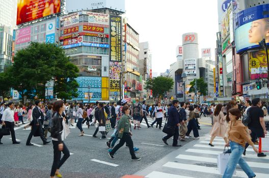 TOKYO, JAPAN - May 29, 2018: Tokyo, Japan.View of Shibuya Crossing, one of the busiest crosswalks in the world.