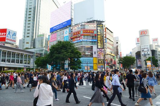 TOKYO, JAPAN - May 29, 2018: Tokyo, Japan.View of Shibuya Crossing, one of the busiest crosswalks in the world.