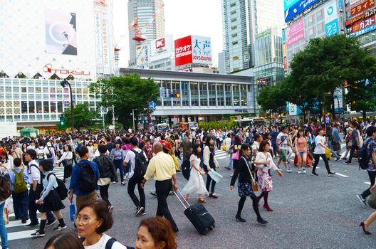 TOKYO, JAPAN - May 29, 2018: Tokyo, Japan.View of Shibuya Crossing, one of the busiest crosswalks in the world.