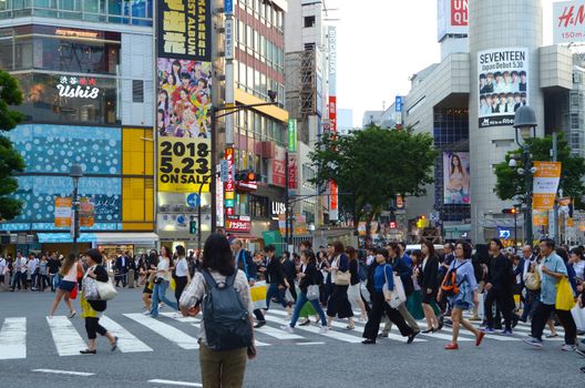 TOKYO, JAPAN - May 29, 2018: Tokyo, Japan.View of Shibuya Crossing, one of the busiest crosswalks in the world.