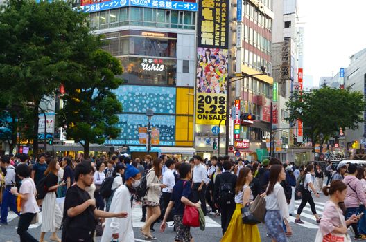 TOKYO, JAPAN - May 29, 2018: Tokyo, Japan.View of Shibuya Crossing, one of the busiest crosswalks in the world.