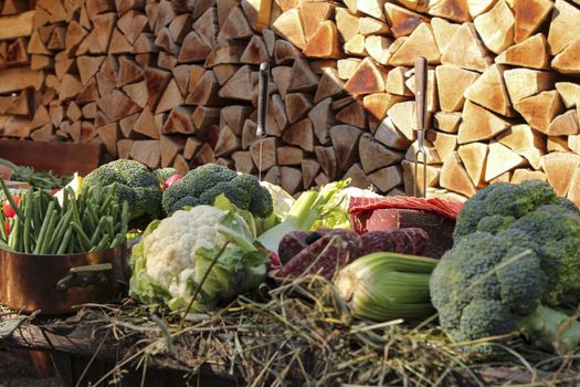 Food ready for an outdoor celebration in Switzerland. Green raw food Food ready for an outdoor celebration in Switzerland with wood logs as background