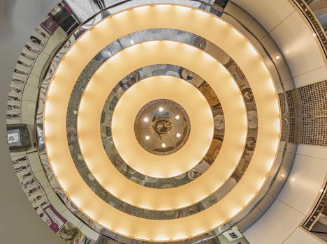 Texture of a ceiling in the form of concentric circles in illuminated mirrors in the entrance to the 109 of Shibuya in Japan.