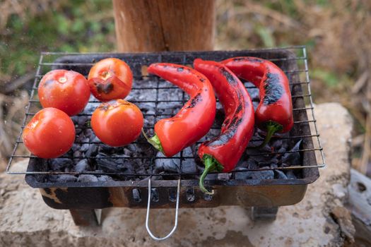 Tomatoes and red chili peppers grilling on BBQ